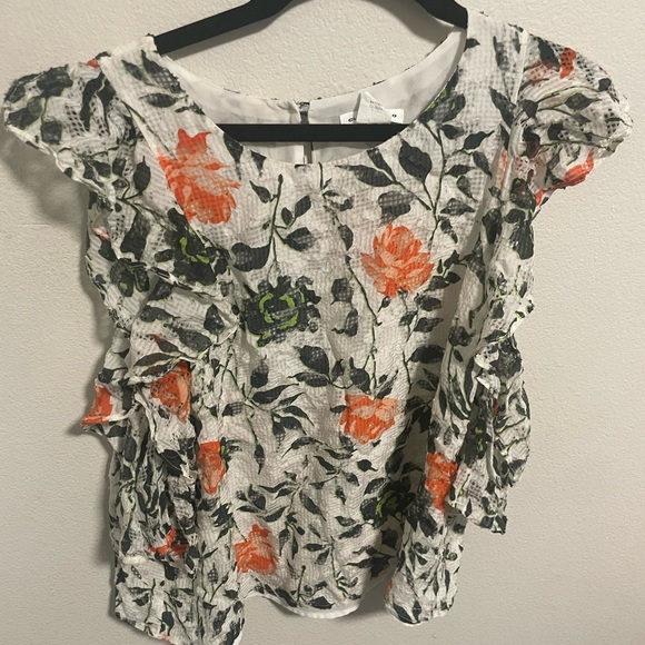 Club Monaco Floral Ruffle Blouse White and Orange Size Small - Picture 1 of 3